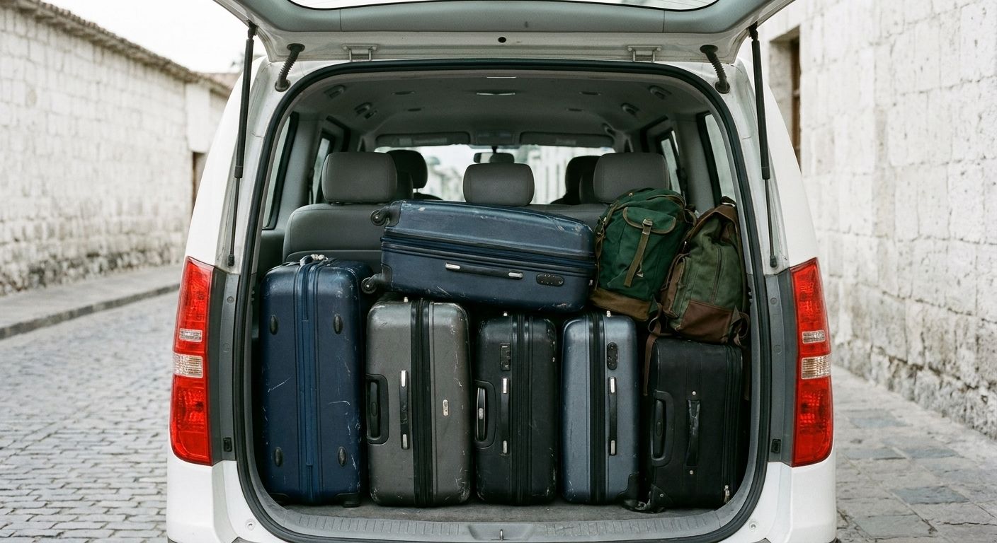 Maletero de una van RemisseXL cargado con seis maletas grandes y dos mochilas